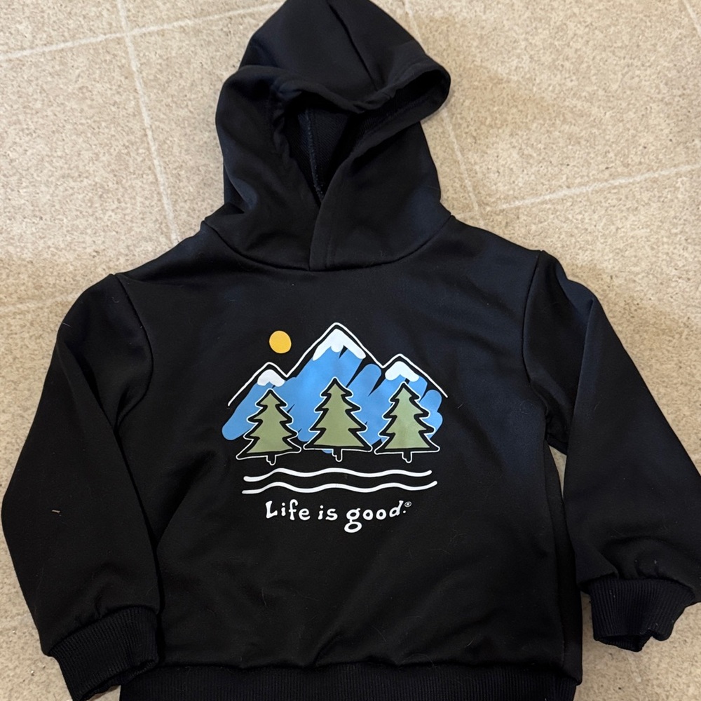 Life Is Good Kids' Black Hoodie with Mountain and Tree Design